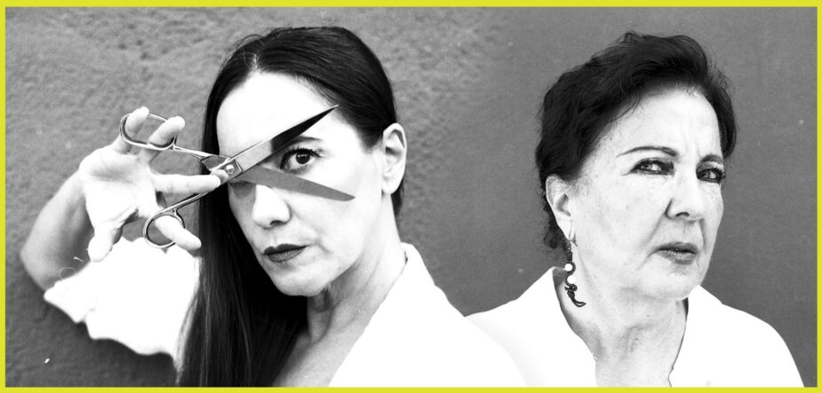 Kaksi naista, joista toisen kasvojen edessä sakset.